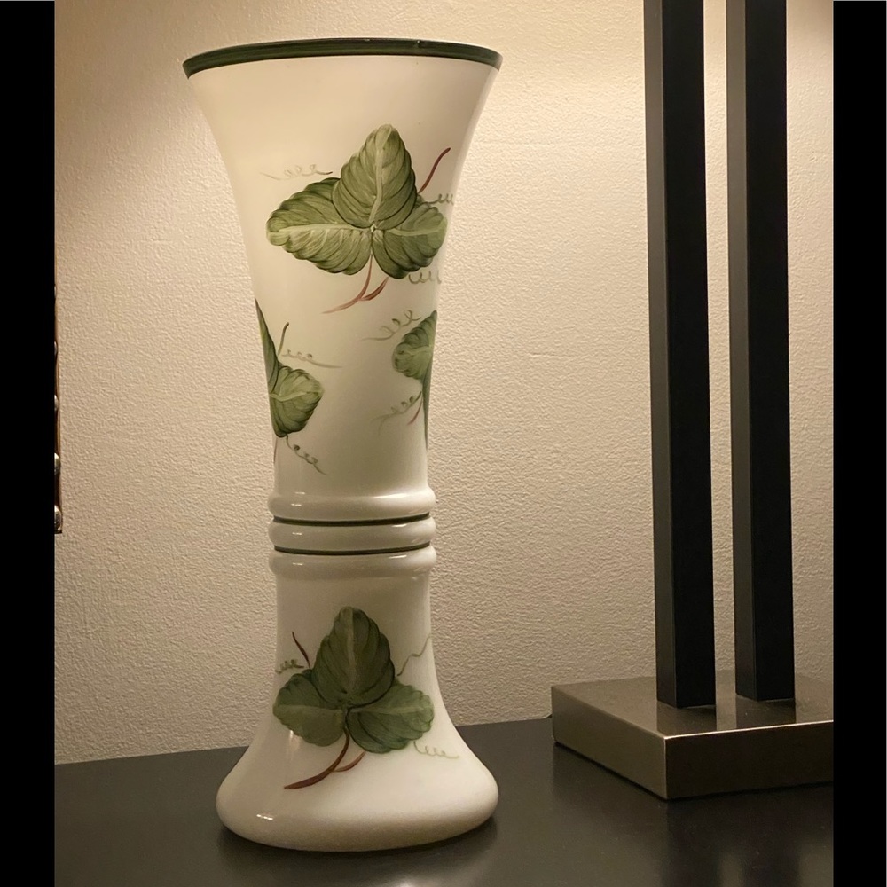 tall milk glass vase w pretty painted ivy